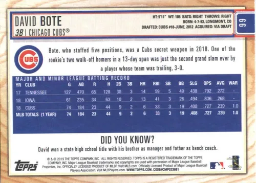 Vista 2 de 2019 Topps Big League #66 David Bote Chicago Cubs MLB Baseball Trading Card
