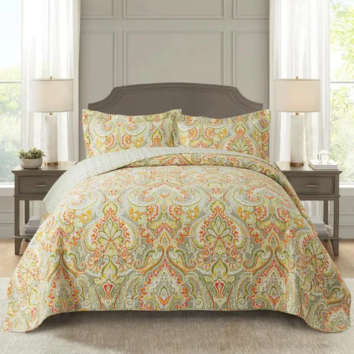 Vista 15 de NEWLAKE - Juego de cubrecama reversible de microfibra bordada con patrón floral en relieve en jacquard beige, tamaño queen