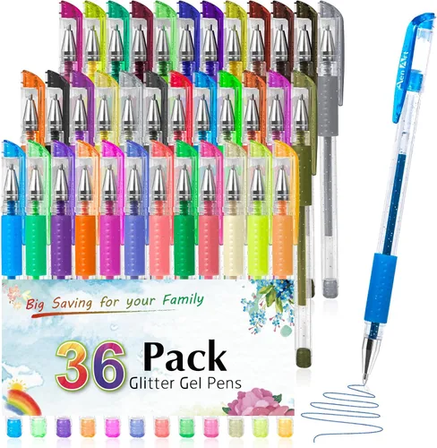 Aen Art Bolígrafos de gel con brillo para libros de colorear de adultos, juego de 36 rotuladores de gel de colores con un 40 % más de tinta para