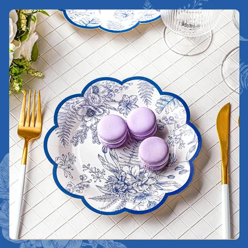 Vista 2 de 100 platos de papel florales azules, desechables, para bebé, despedida de soltera, suministros de fiesta, platos de postre florales, bandeja