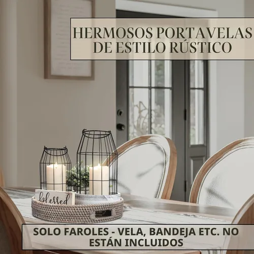 Vista 3 de Juego de 2 linternas de granja rústica - Elegantes linternas decorativas para tu sala de estar, repisa de chimenea o mesa de comedor de la cocina