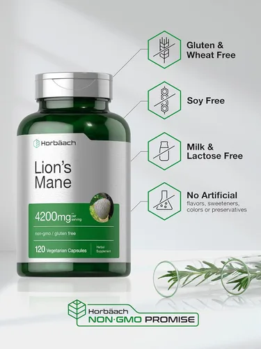 Vista 5 de Horbäach extracto de hongo melena de león 4200mg 120 cápsulas suplemento vegetariano, no transgénico, sin gluten