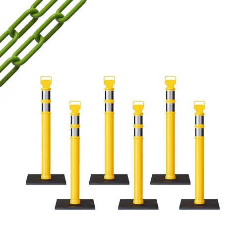 Vista 41 de CCW 6-Pack 45" Delineador Post Kit Kit de 3.0 in collares reflectantes, base de goma de 10 lb (6 postes blancos con cadena negra de 50 pies)