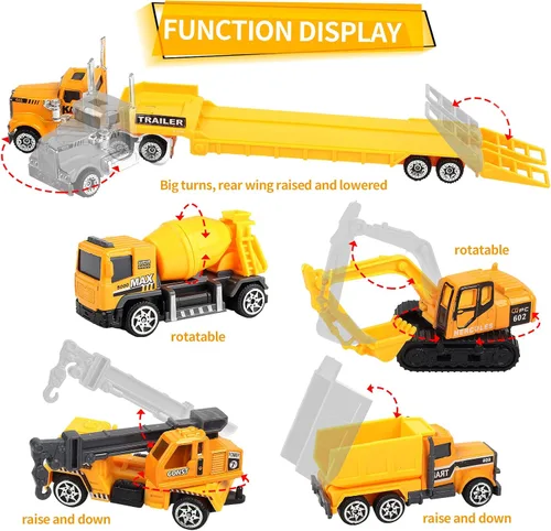 Vista 5 de Oriate 28 piezas de juguetes de construcción para niños, 12 piezas de juguetes de vehículos de construcción en miniatura con remolque de transporte