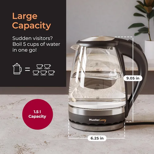 Vista 8 de Mueller Living Glass Kettle 1.5L 1500W LED Light Hervidor de té eléctrico de apagado automático con tecnología SpeedBoil y protección contra hervir