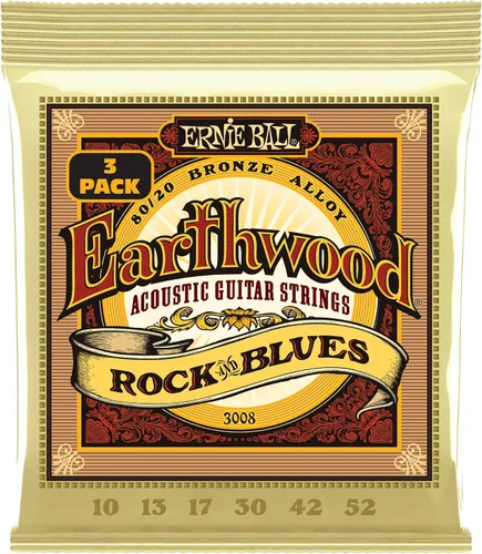 Ernie Ball - Cuerdas personalizadas para guitarra acústica Earthwood Rock & Blues de bronce 80/20, paquete de 3, calibre 10-52 (P03008)
