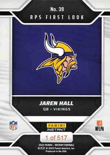Vista 2 de 2023 Panini Instant Football #39 Jaren Hall Rookie Card Vikings - Only 517 made!