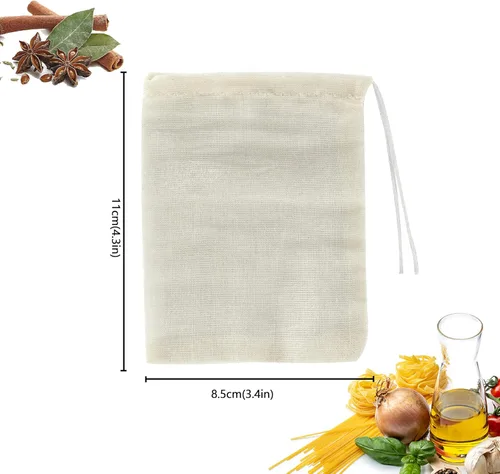 Vista 2 de 20 bolsas de té reutilizables, bolsas vacías de muselina con cordón, bolsas de especias para cocinar, té suelto, hierbas, algodón natural