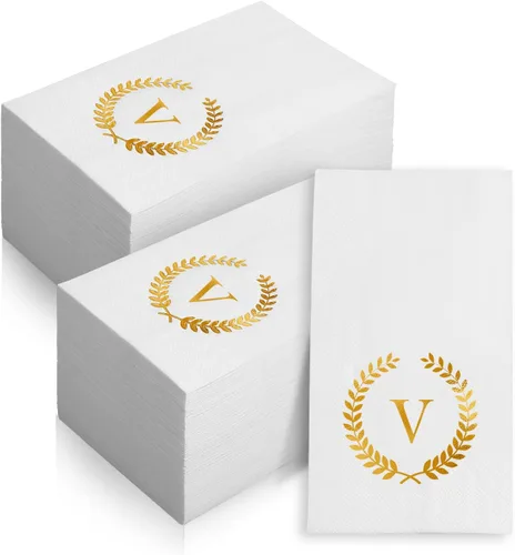 Vista 21 de Paquete de 200 servilletas desechables con monograma de papel de aluminio dorado con letra S, toallas de papel desechables para boda, compromiso