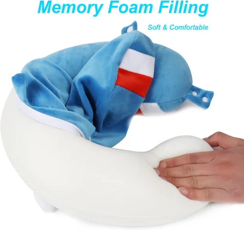 Vista 5 de Almohada de viaje de superhéroe para niños y adultos con antifaz para dormir, almohada de espuma viscoelástica en forma de U con funda lavable