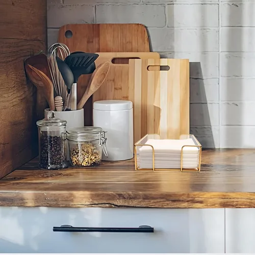 Vista 7 de Servilletero de cóctel, servilletero cuadrado dorado apto para servilletas de 5 x 5 pulgadas, servilleteros de vidrio para cocina, encimera, mesa