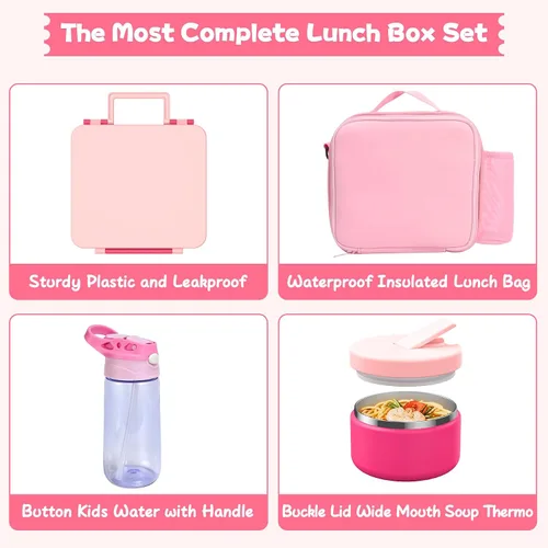 Vista 6 de Lonchera Bento para niños con termo de sopa de 8 onzas, botella de agua, recipientes de comida a prueba de fugas con 4 compartimentos, tarro de Rosa