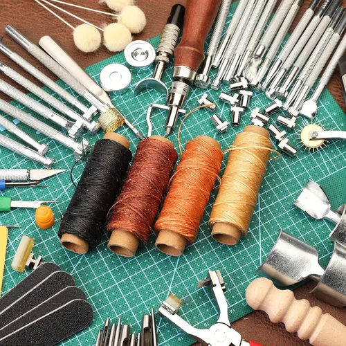 Vista 8 de 273 piezas de herramientas y suministros para trabajo en cuero con caja de herramientas de cuero, tapete de corte, martillo, agujas de estampado