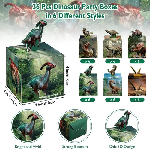 Vista 2 de Sherr 36 cajas de regalo de dinosaurio, caja de regalo de cumpleaños de dinosaurio, caja de cartón de selva tropical, decoración de fiesta