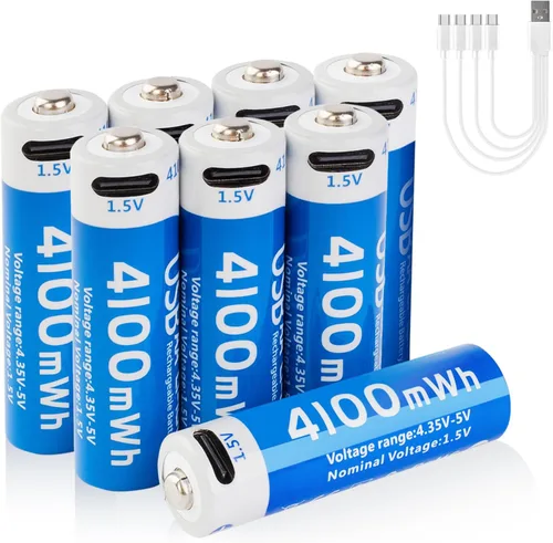 Vista 9 de Paquete de 4 pilas AA de litio recargables de 4100 mWh, baterías de iones de litio de 1.5 V USB doble A, tamaño AA, larga duración, 1200 ciclos