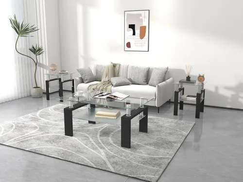 Vista 5 de IANIYA Juego de mesa de 3 piezas para sala de estar, moderno juego de mesa auxiliar de vidrio templado, mesa auxiliar de vidrio con marco de metal