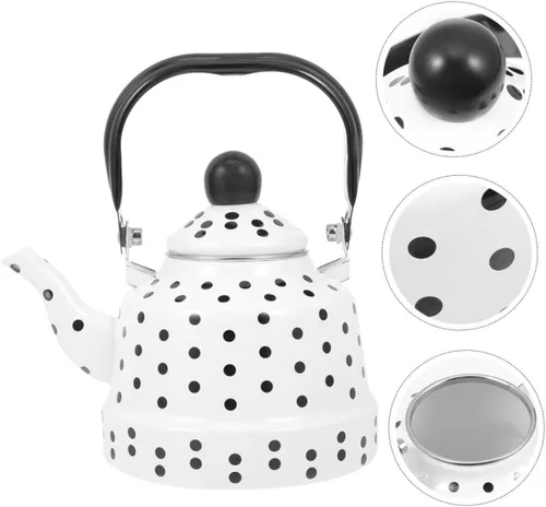 Vista 8 de Alipis Hervidor de té esmaltado blanco con puntos negros, tetera decorativa para estufa, tetera con mango antiquemaduras, boquilla suave