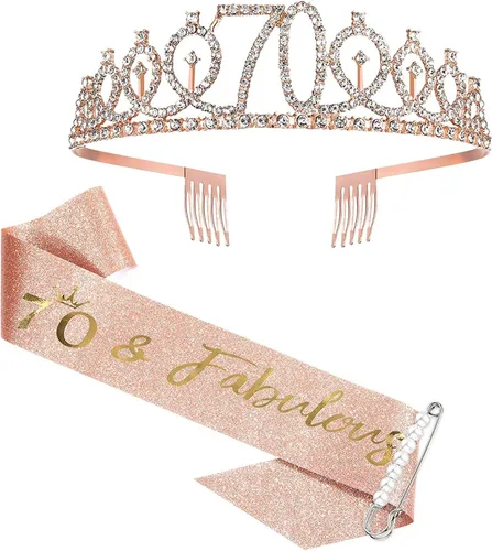 Banda y tiara de cumpleaños número 70 para mujer, corona de banda de cumpleaños de oro rosa 70 y fabulosa banda y tiara para mujer, regalos de