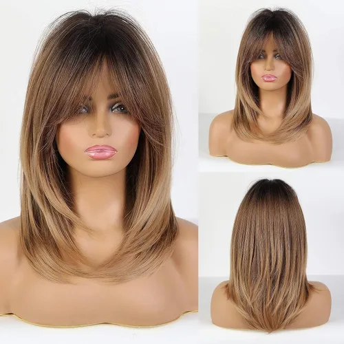 Vista 12 de HAIRCUBE Pelucas marrones para mujer, con reflejos, con flequillo, largas, rectas en capas, resistentes al calor, pelucas sintéticas Marrón