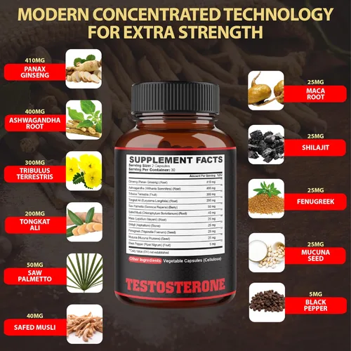 Vista 2 de agobi Suplemento de testosterona para hombres - 11 hierbas - Ashwagandha, Tribulus, Ginseng y más - 60 cápsulas durante 1 mes