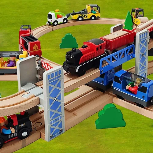 Vista 6 de Lift Bridge - Juego de grúa de madera con vagones de tren, compatible con las principales marcas de ferrocarriles de madera, de 3 a 5 años