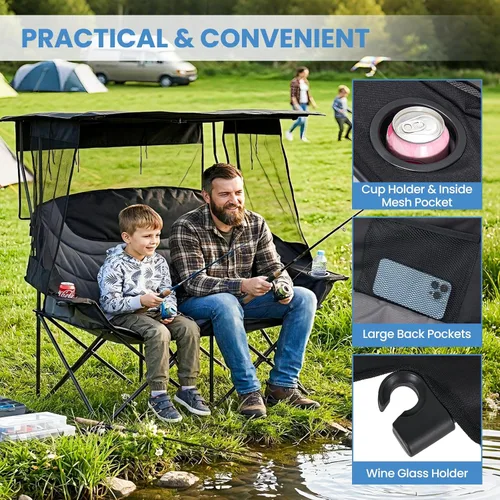 Vista 8 de DoCred Double Beach Camping Chair with Canopy, Folding 2 Person Camping Chairs with Shade, Portable Outdoor Loveseat, Oversize Camp Chair for Lawn
