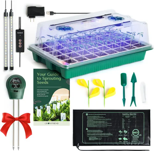 Kit de inicio de semillas GROWFRIEND con luces de crecimiento y alfombrilla térmica – Bandeja de inicio de semillas de 40 celdas, cúpula de humedad,