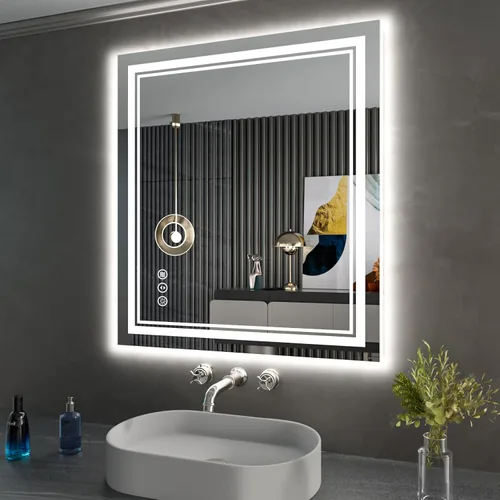 Vista 75 de Espejo de baño LED de 48 x 40 pulgadas con luces, retroiluminado y frontal iluminado para pared, espejo de tocador LED inastillable con memoria