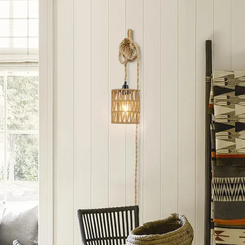 Vista 8 de Lámpara Colgante Bohemia con Enchufe, Luz Colgante with Cable con Enchufe, Lámpara de Techo con Pantalla Cilíndrica de Ratán e Interruptor