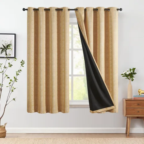 Vista 16 de jinchan - Cortinas bohemias 100% blackout de 54 pulgadas de largo para dormitorio, estampado geométrico negro sobre beige, con ojales