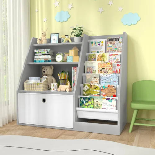 Vista 10 de TOETOL Estantería para niños y almacenamiento de libros, estante de libros de madera con 4 compartimentos tipo bandolera para niños pequeños