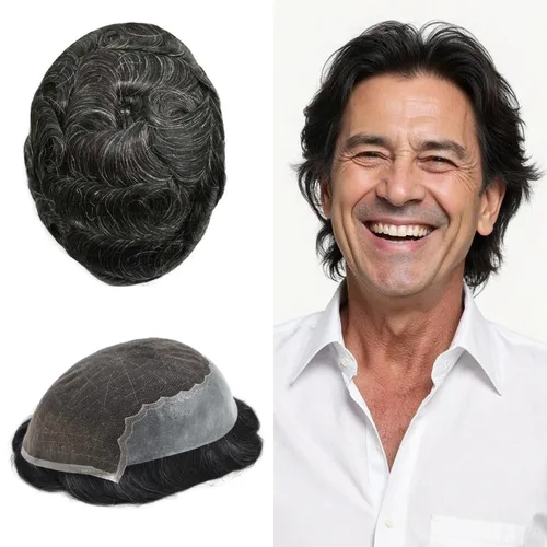 Vista 339 de Toupee - Sistemas de reemplazo de cabello para hombre, encaje frontal suizo, nudo blanqueado, pieza de cabello humano natural