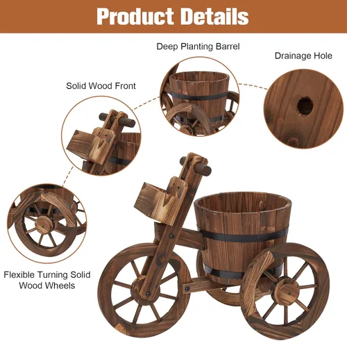 Vista 3 de kinbor Macetas para exteriores - Maceta rústica de barril, macetas de triciclo de madera para plantas al aire libre