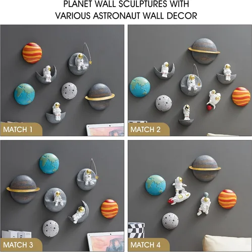 Vista 8 de 4 piezas de decoración de pared de planetas del espacio exterior – Esculturas de pared 3D modernas para sala de estar y dormitorio – Decoración