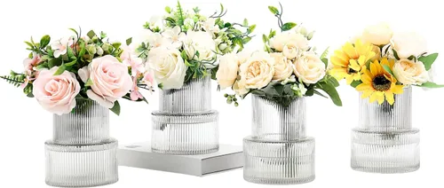 Vista 50 de Jarrón redondo de cristal, floreros para ramo, jarrones de vidrio acanalado para flores, pequeño jarrón transparente para sala de estar, oficina