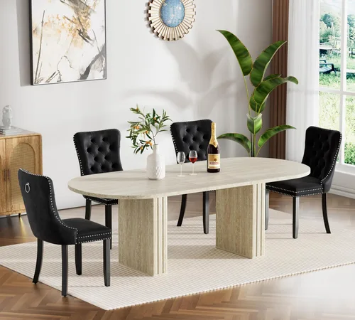 Vista 20 de Pvillez Extendable Dining Table Set of 8, Black Oval Dining Room Table & 8 Black Velvet Dining Chairs with Wood Leg, 62.99"-78.74" Kitchen Table and