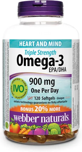 Webber Naturals Omega-3 de triple fuerza, tamaño de valor, 900 mg de bonificación, 120 unidades