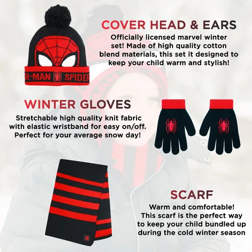 Vista 2 de Marvel Spider-Man - Gorro de invierno para niños, guantes de nieve y bufanda para niños y niños pequeños, juego de 3 piezas, gorro cálido con pompón