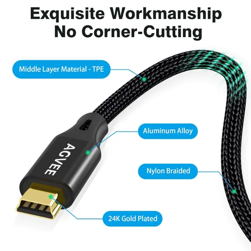 Vista 7 de AGVEE Cable Mini USB de 1 pie, Trenzado Duradero USB-A a Mini-B Cargador Cable de Carga para TI-84, Garmin GPS, Go-Pro Hero 4 3 2 HD, Controlador