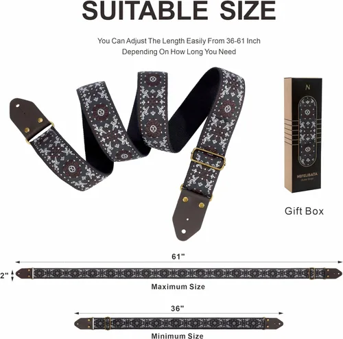 Vista 5 de Nefelibata Correa de guitarra, correas de guitarra de algodón bordado jacquard con extremos de cuero de caballo loco para bajo, eléctrico
