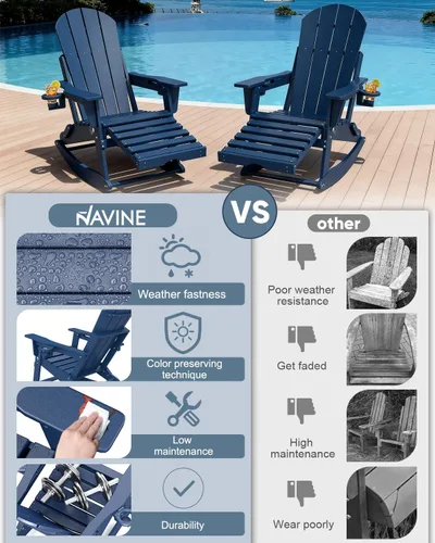 Vista 7 de Adirondack - Juego de 2 mecedoras con otomana retráctil, silla Adirondack plegable para todo tipo de clima con dos soportes para tazas, sillas