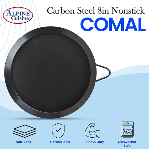 Vista 5 de Alpine Cuisine Parrilla redonda antiadherente de 8 pulgadas – Tortilla Comal de acero al carbono negro con un solo mango – Comal duradero