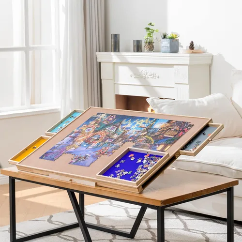 Vista 8 de Tektalk Mesa de Rompecabezas con Soporte/Bracket Ajustable Integrado y Cubierta Extraíble, Meseta de Madera de 3 Ángulos de Inclinación Tablero