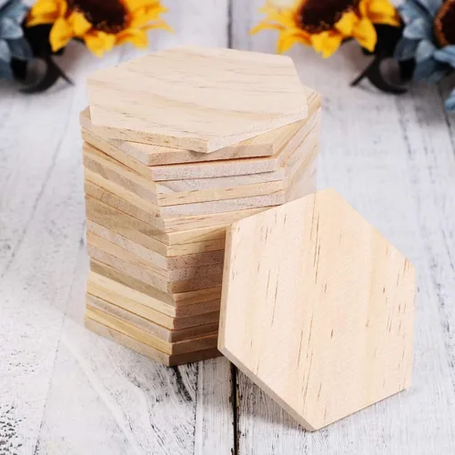 Vista 6 de SUPVOX Rebanadas de madera Adornos de forma hexagonal Losas de madera Artesanía DIY Decoración 3.5 in 25Pcs