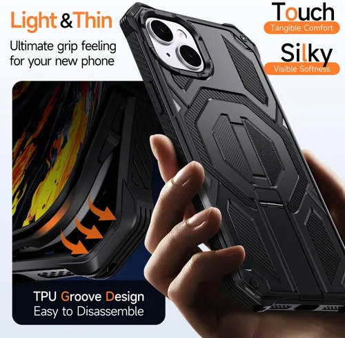 Vista 7 de Funda magnética para iPhone 15 con soporte y protector de pantalla [compatible con Magsafe] antideslizante, cuerpo completo, doble capa, resistente