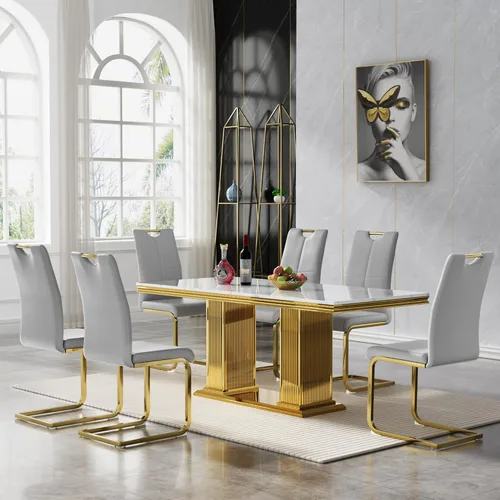 Vista 38 de 5 Piece Black Marble Dining Table Set for 4, Modern Faux Marble Kitchen Dining Room Tables with 4 Leather Chairs Set, 68.11" Luxury Rectangular
