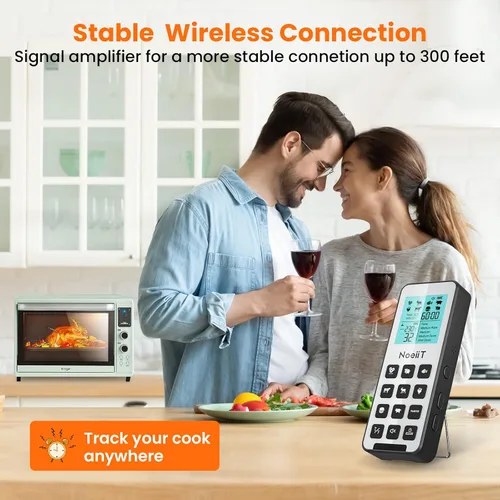 Vista 3 de Termómetro inalámbrico para carne, termómetro digital inalámbrico de 300 pies con función de alarma para horno, parrilla, cocina, barbacoa