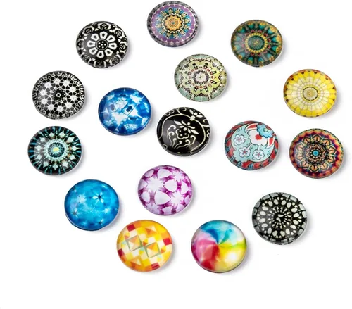 Vista 21 de Craftdady 200 unidades de cabujones de cristal con estampado de flores azules y blancas de 0.394 in con parte trasera plana media redonda