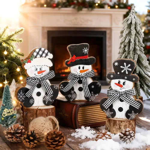 Vista 5 de 3 piezas de centros de mesa de Navidad en madera, decoración rústica de muñeco de nieve para mesa, señales de mesa de Navidad, bloques de decoración