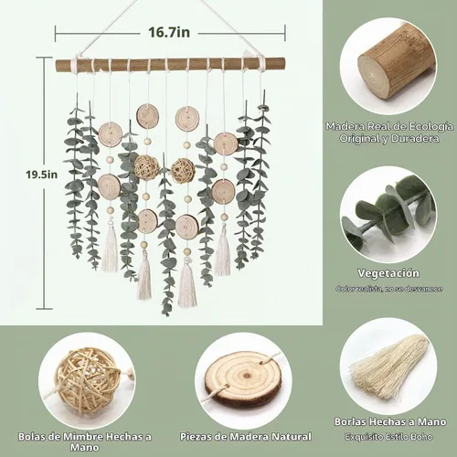 Vista 5 de Decoración de pared de eucalipto artificial con bola de mimbre, decoración bohemia natural para el hogar, guirnalda de cuentas de madera colgante